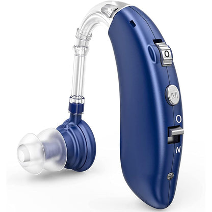 Blue hearing aid device on a white background

