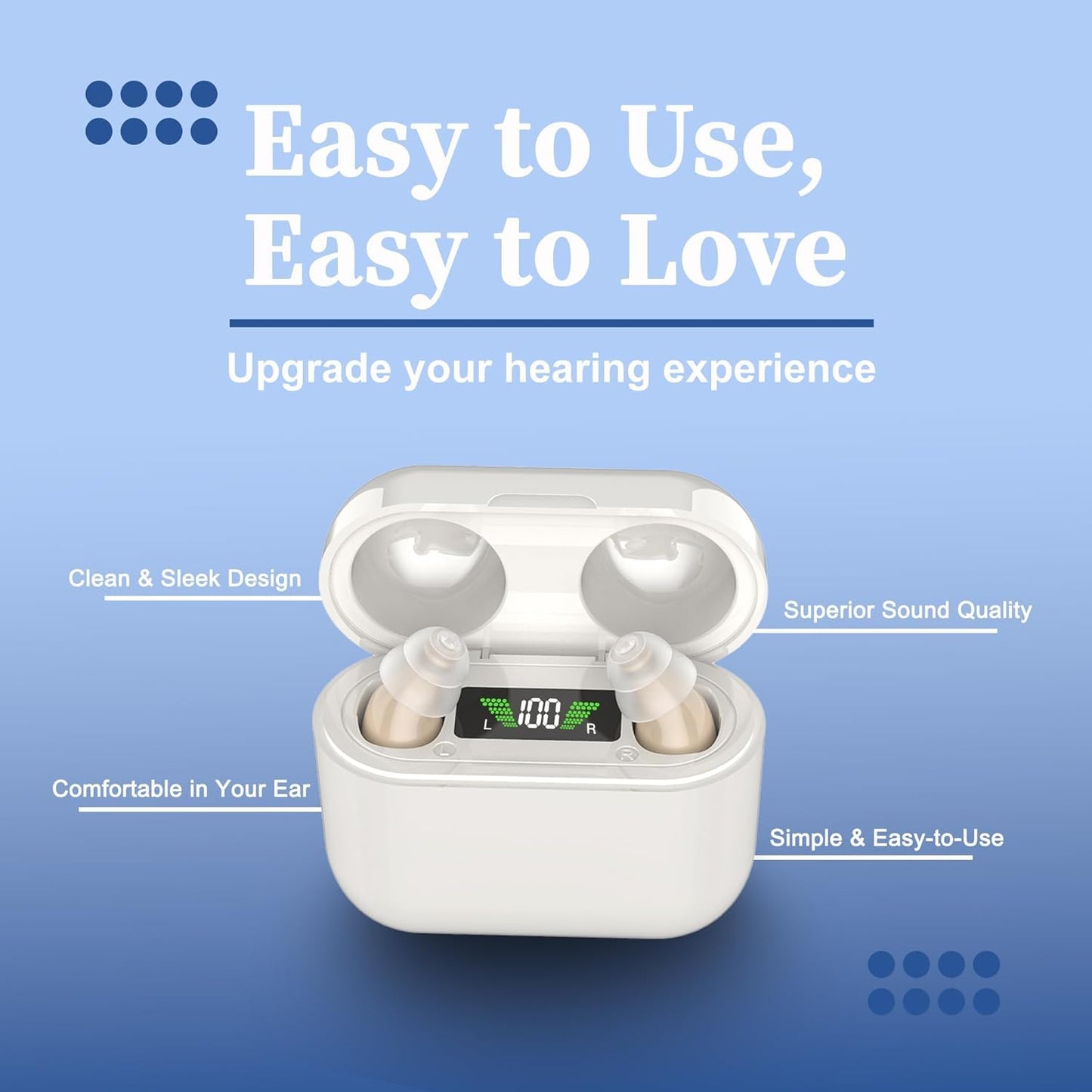 Digital Rechargeable Hearing Amplifiers with Charging Case, Invisible Hearing Amplifiers for Seniors, Long-Lasting Battery, Easy to Use (Beige)