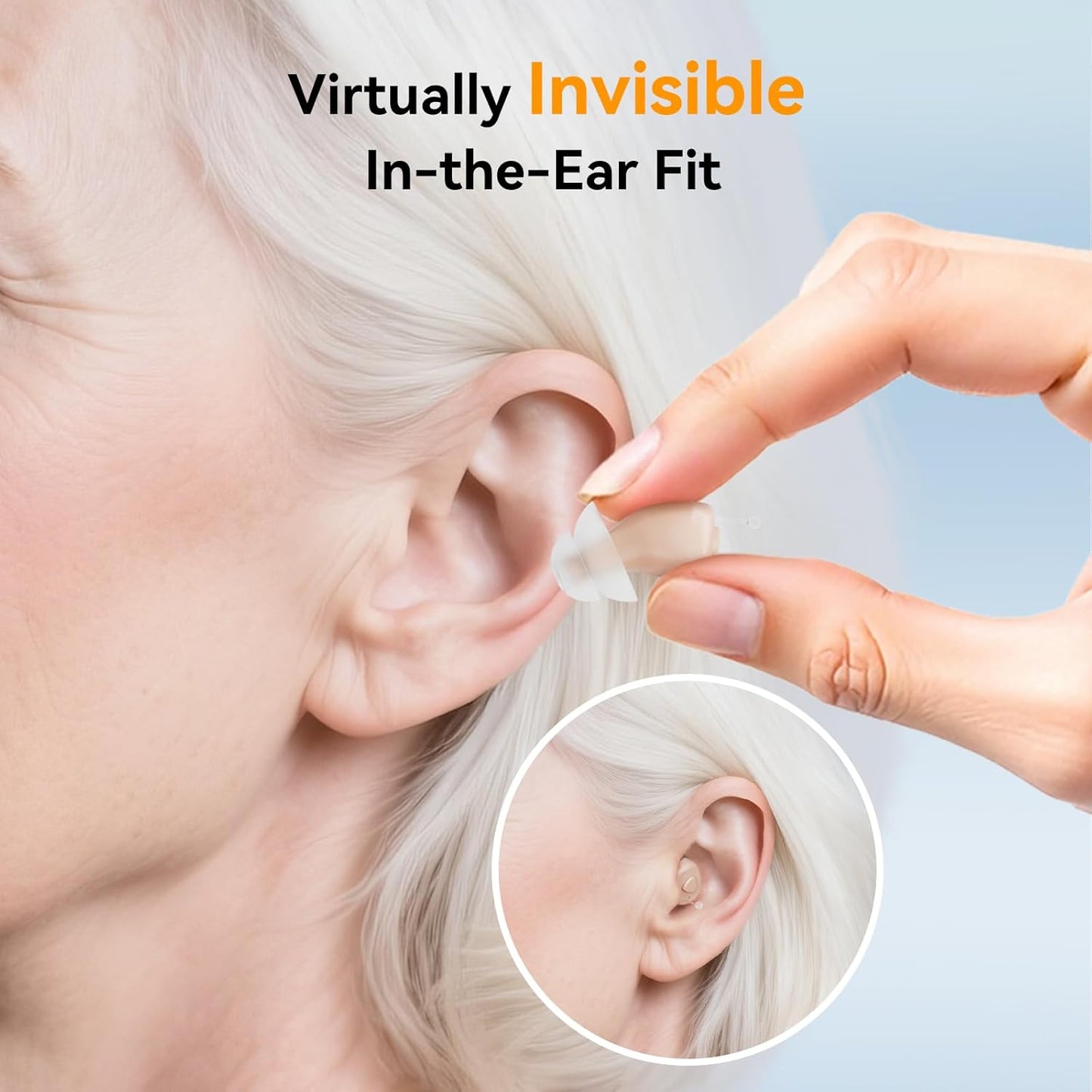 Invisible hearing Aid  with simple controls and medical-grade components for crystal-clear sound.